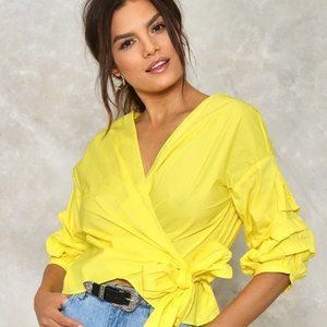 Nasty Gal Yellow "Good All Around" Wrap Top with Poof Sleeves